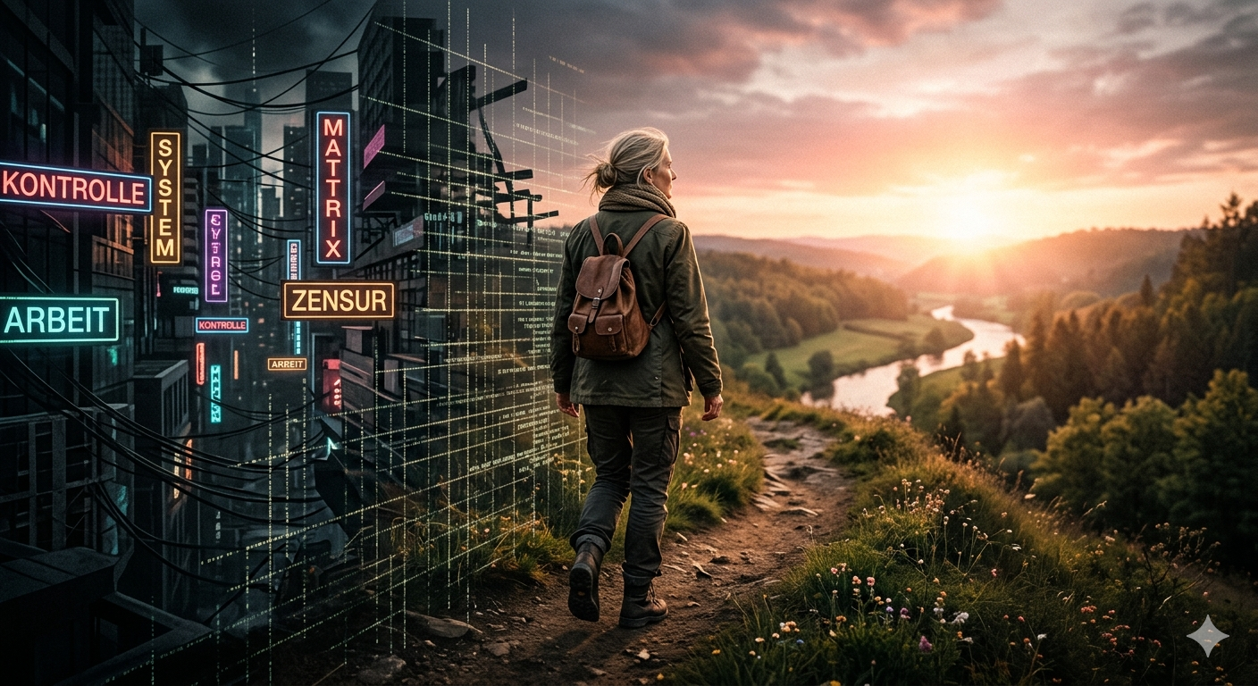 Eine Person mit Rucksack wandert auf einem Feldweg weg von einer düsteren, von digitalen Gittern und neonfarbenen Begriffen wie ‚Matrix‘, ‚Kontrolle‘ und ‚Zensur‘ durchzogenen Stadtlandschaft hin zu einer friedlichen, sonnendurchfluteten Naturlandschaft mit einem Fluss.