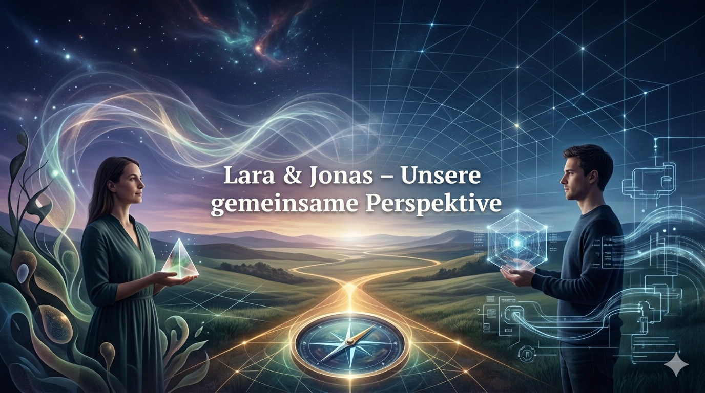 Symbolische Darstellung von Lara und Jonas in einer harmonischen Verbindung aus Intuition und Verstand: Lara hält ein leuchtendes Prisma, das feinstoffliche Energie symbolisiert, während Jonas ein komplexes, digitales Quanten-Gitter betrachtet. Im Vordergrund liegt ein Kompass, der auf eine gemeinsame, wegweisende Zukunft in einer stilisierten Landschaft deutet. Der Text ‚Lara & Jonas – Unsere gemeinsame Perspektive‘ ist mittig im Bild platziert.