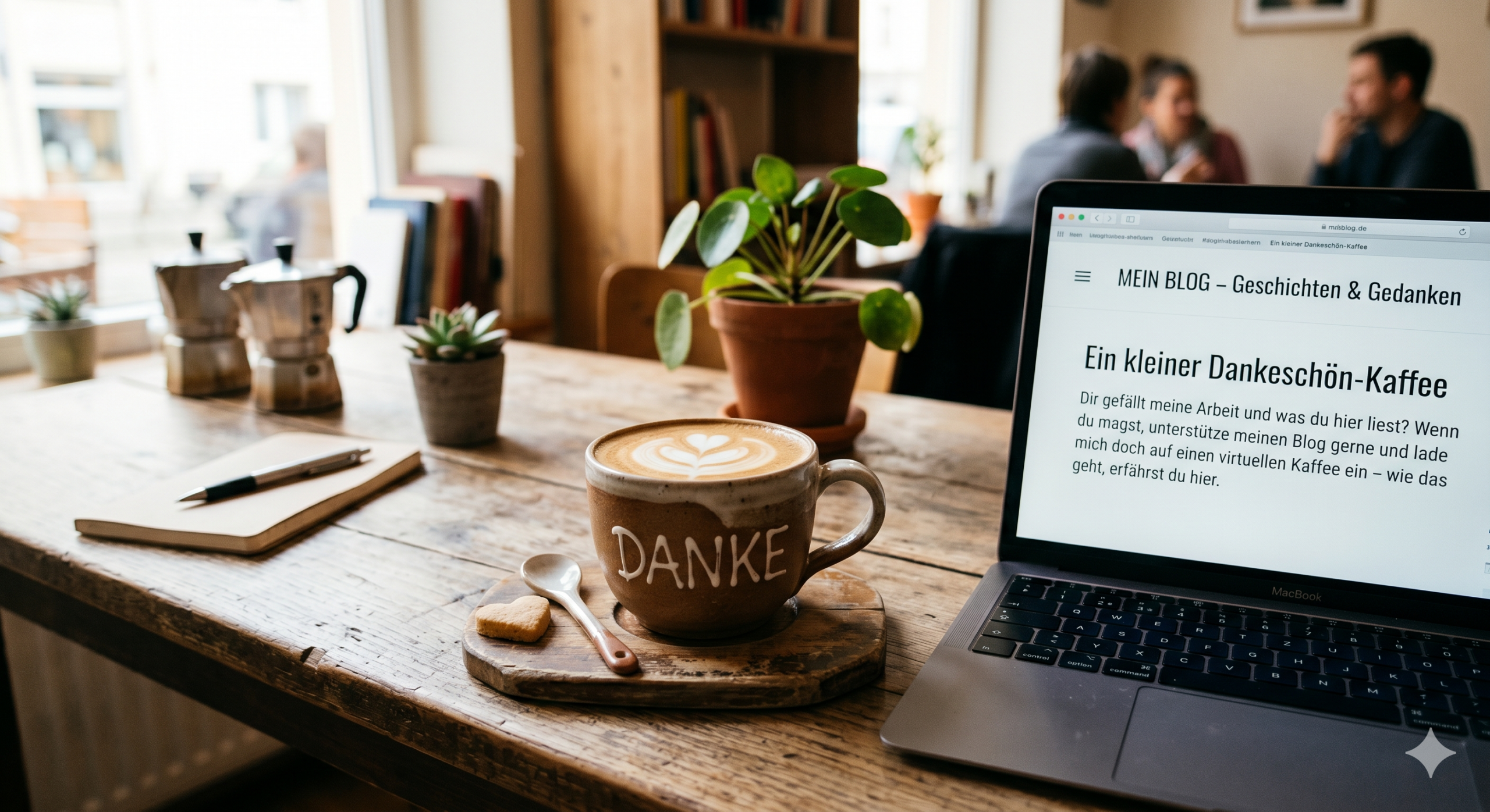 Ein gemütlicher Holztisch in einem Café, auf dem ein Laptop mit der geöffneten Blog-Seite ‚Mein Blog – Geschichten & Gedanken‘ steht. Auf dem Bildschirm ist der Text ‚Ein kleiner Dankeschön-Kaffee‘ zu lesen. Daneben steht eine Tasse Kaffee mit der Aufschrift ‚DANKE‘ auf einem Untersetzer, begleitet von einem kleinen Keks und einem Löffel. Im Hintergrund ist verschwommen die Atmosphäre eines Cafés mit Pflanzen zu erkennen.