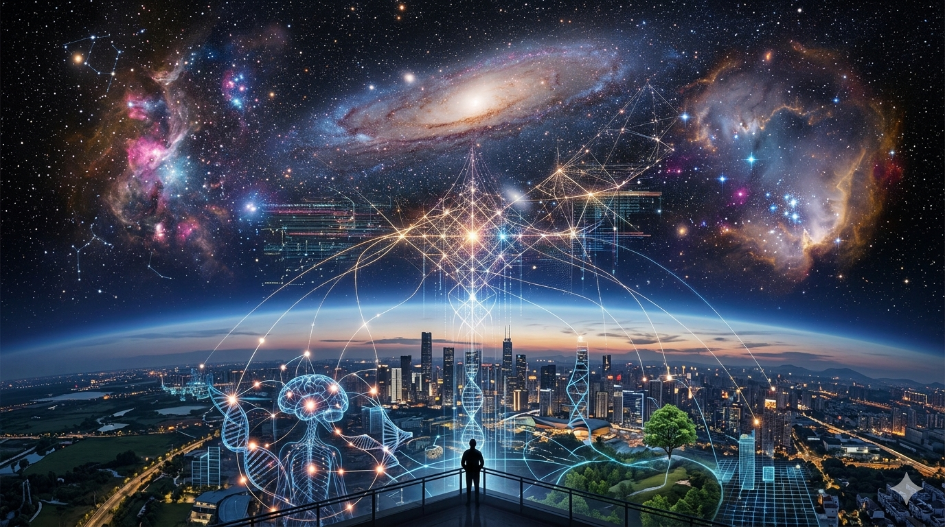 Eine silhouettierte Person steht auf einem Balkon und blickt über eine nächtliche Stadtlandschaft hinauf in einen weiten, sternenklaren Weltraum. Über der Stadt schweben leuchtende, digitale Projektionen, die ein Gehirn, DNA-Strukturen und komplexe mathematische Netzwerke darstellen und so die Verbindung zwischen biologischen Systemen, Quantenphysik und dem Kosmos symbolisieren.